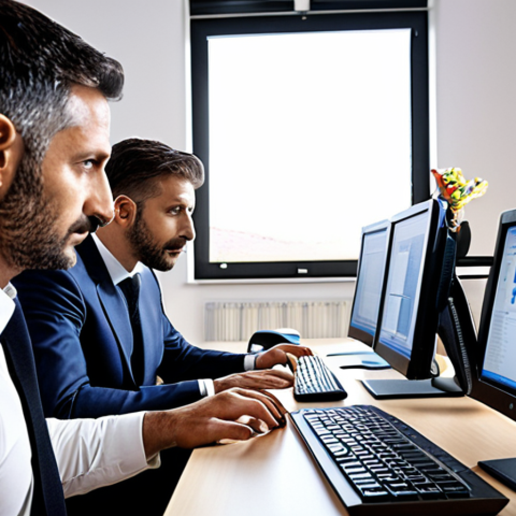 **A modern Italian office scene:** Show a team of administrators collaborating, utilizing ERP and CRM software on their computers. The atmosphere should be productive and efficient, highlighting the use of technology in administrative tasks.