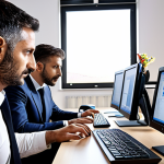 **A modern Italian office scene:** Show a team of administrators collaborating, utilizing ERP and CRM software on their computers. The atmosphere should be productive and efficient, highlighting the use of technology in administrative tasks.