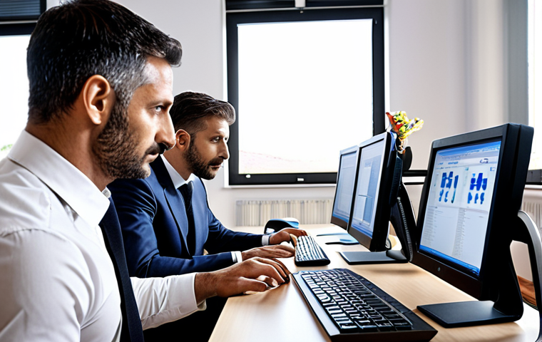 **A modern Italian office scene:** Show a team of administrators collaborating, utilizing ERP and CRM software on their computers. The atmosphere should be productive and efficient, highlighting the use of technology in administrative tasks.