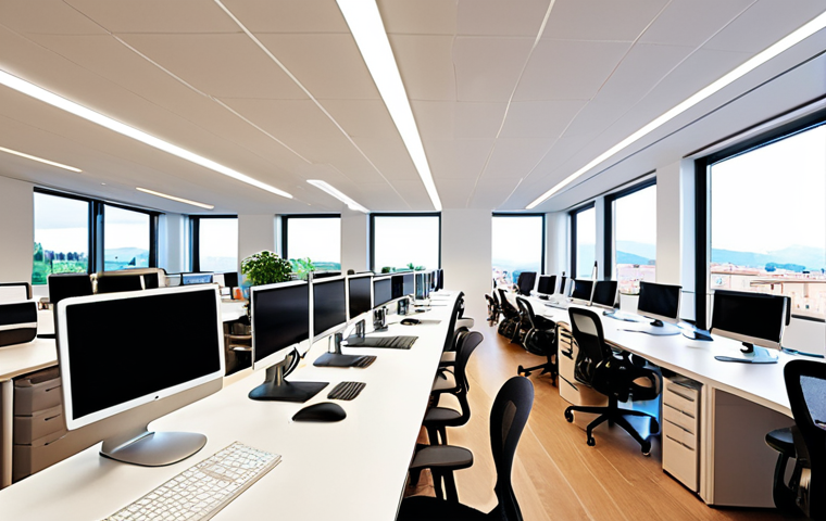 **Prompt:** A bright, modern, and minimalist administrative office in Italy, bustling with efficient digital activity. Professionals of diverse ages are seamlessly collaborating on sleek, paperless workstations, utilizing large interactive screens and advanced tablets. Sunlight streams through expansive windows, highlighting a relaxed yet highly productive atmosphere, emphasizing integration, cloud connectivity, and the absence of traditional bureaucracy. Focus on clarity, technological efficiency, and a sense of calm.