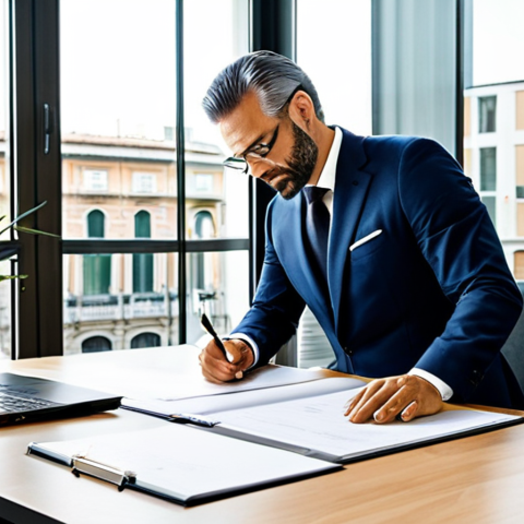 **

"A confident Italian property manager, fully clothed in a professional business suit, is reviewing documents at a modern desk in a bright, contemporary office with large windows overlooking a bustling Milan street. The office includes plants and stylish decor. Perfect anatomy, natural proportions, well-formed hands, proper finger count, appropriate attire, safe for work, professional photography, high quality, appropriate content, family-friendly."

**