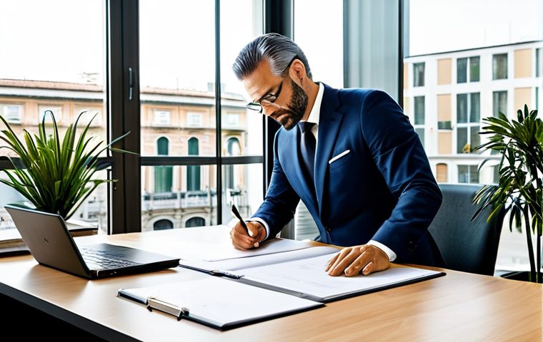 **

"A confident Italian property manager, fully clothed in a professional business suit, is reviewing documents at a modern desk in a bright, contemporary office with large windows overlooking a bustling Milan street. The office includes plants and stylish decor. Perfect anatomy, natural proportions, well-formed hands, proper finger count, appropriate attire, safe for work, professional photography, high quality, appropriate content, family-friendly."

**