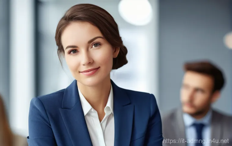 행정관리사 직무 경험 인터뷰 - **Prompt:** "A diverse team of four professionals, led by a confident administrative manager (mid-40...