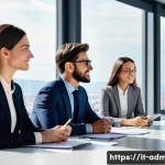 행정관리사와 직장 내 갈등 해결 - A modern Italian office scene showing a diverse team of professional colleagues engaged in a collabo...