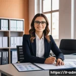 행정관리사 자격증의 장점과 단점 - A professional office scene in a modern Italian workplace, featuring a confident young adult woman w...