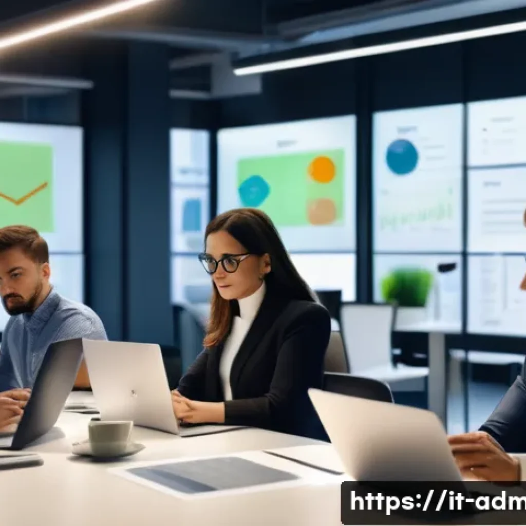 행정관리사 업무와 리더십 개발 - A modern Italian office environment showing a diverse team of professionals collaboratively managing...