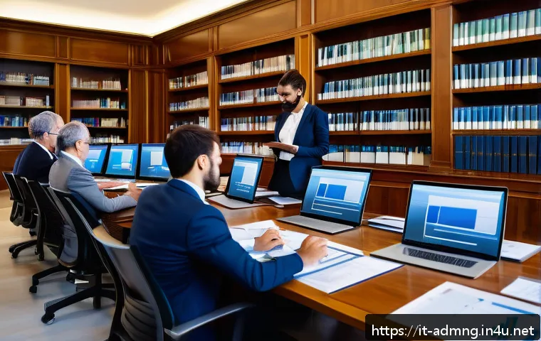 행정관리사와 유사 자격증 비교 - A modern Italian public administration office scene showing a diverse group of professionals collabo...
