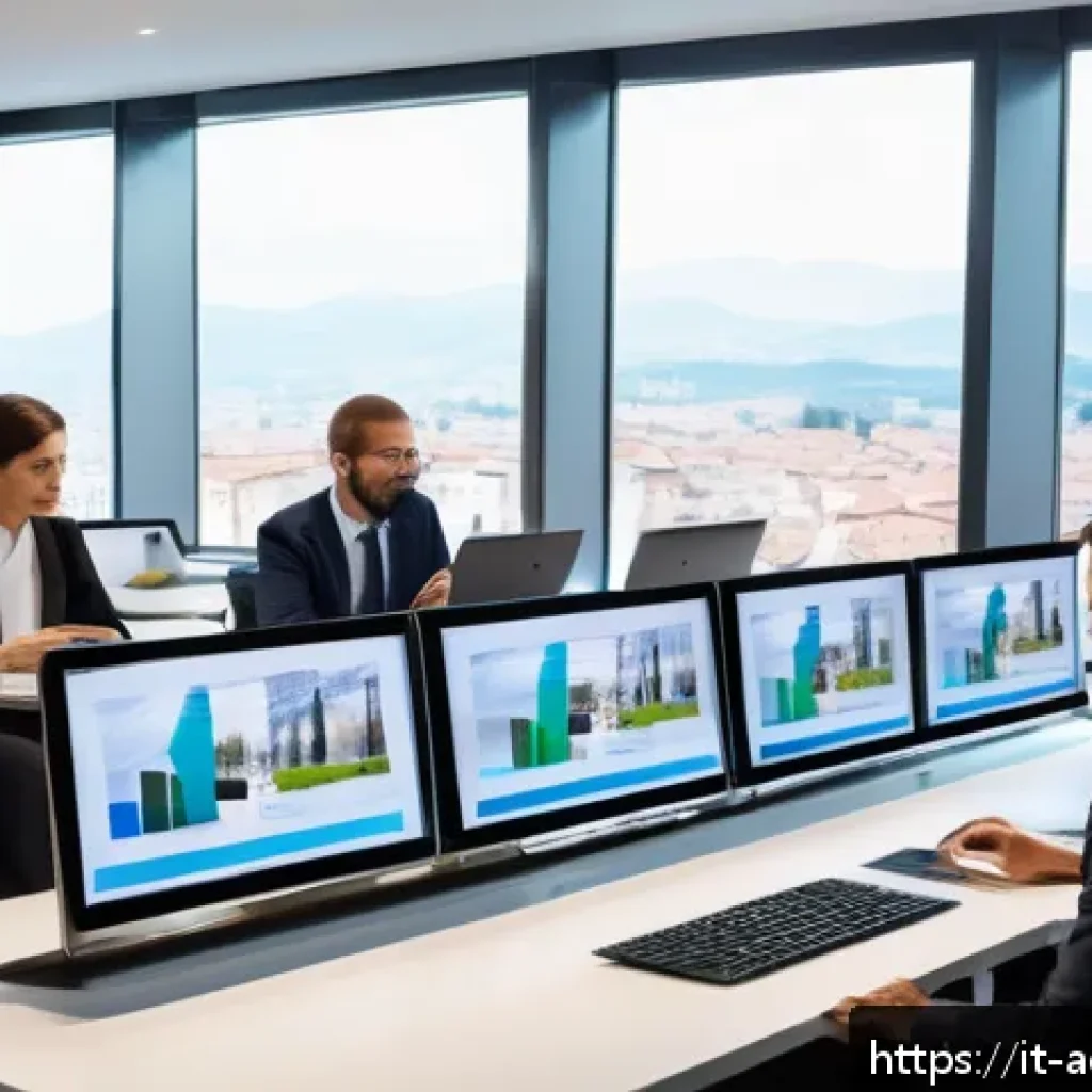 행정관리사와 공공기관 취업 - A modern public administration office scene in Italy, featuring a diverse group of professional adul...