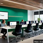 행정관리사와 조직 내 커뮤니케이션 - A modern Italian public office interior featuring diverse employees engaged in digital communication...