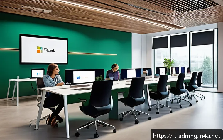 행정관리사와 조직 내 커뮤니케이션 - A modern Italian public office interior featuring diverse employees engaged in digital communication...