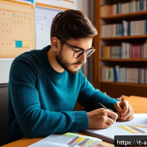행정관리사 시험 준비 Q A - A focused Italian university student studying public administration at a desk in a cozy, sunlit room...
