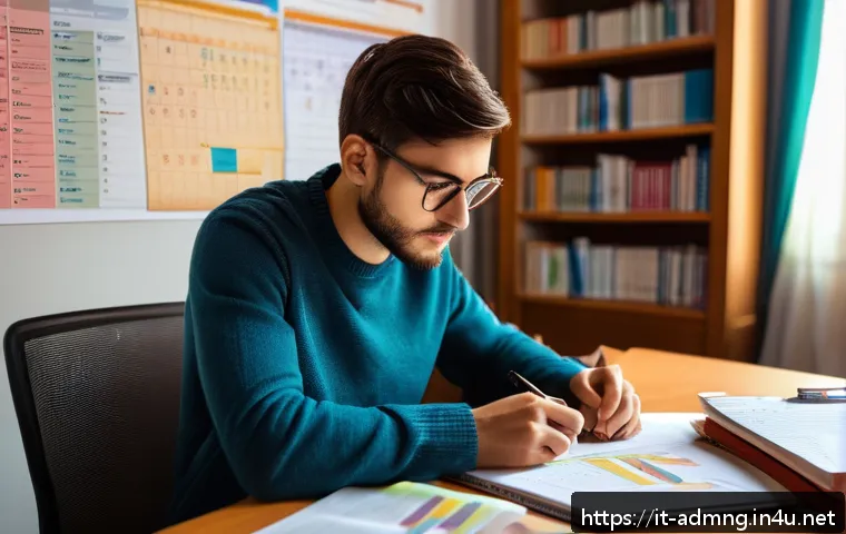 행정관리사 시험 준비 Q A - A focused Italian university student studying public administration at a desk in a cozy, sunlit room...