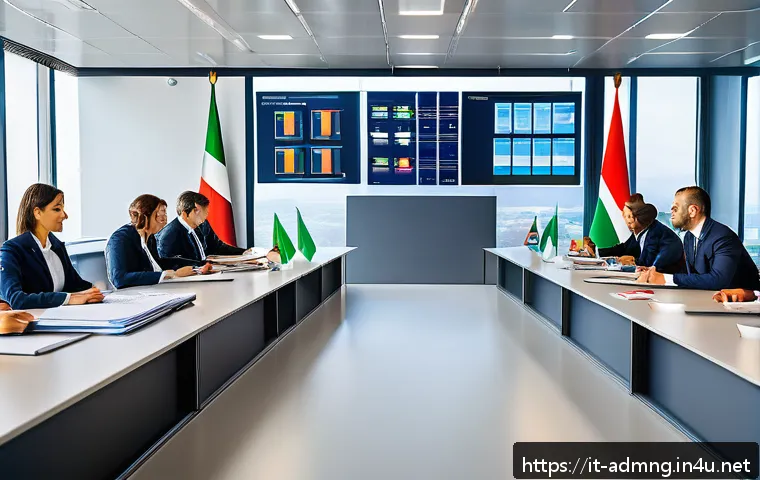 행정관리사와 공무원 업무 차이 - A modern Italian public administration office scene showing a diverse group of administrators and st...